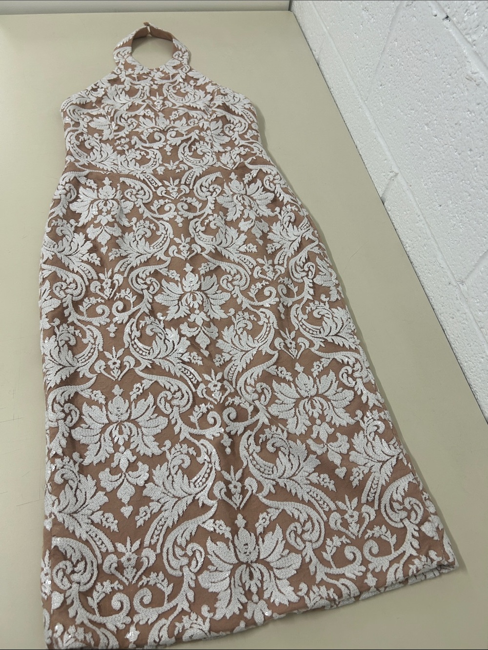 Dress the Population Nude and White Halter Backless Lace Sheath Dress